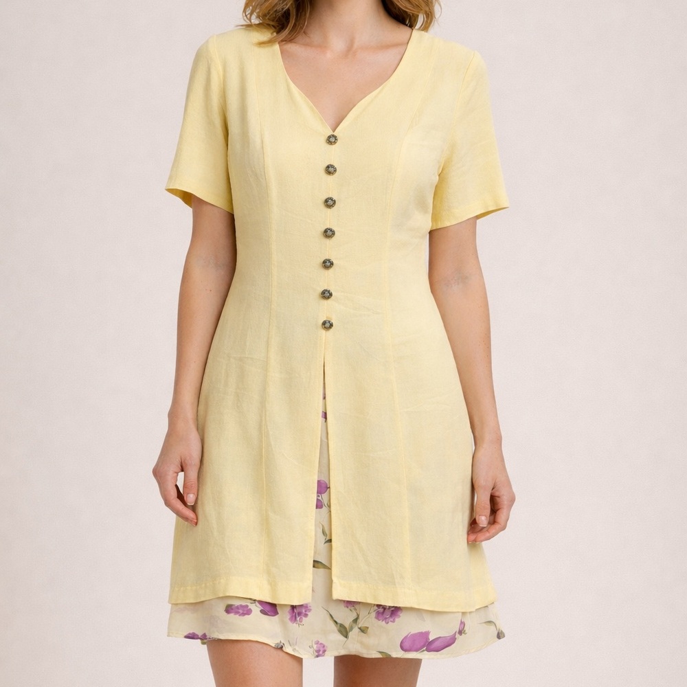 Vintage Sheri Martin Butter Yellow and Floral Peek a Boo Dress